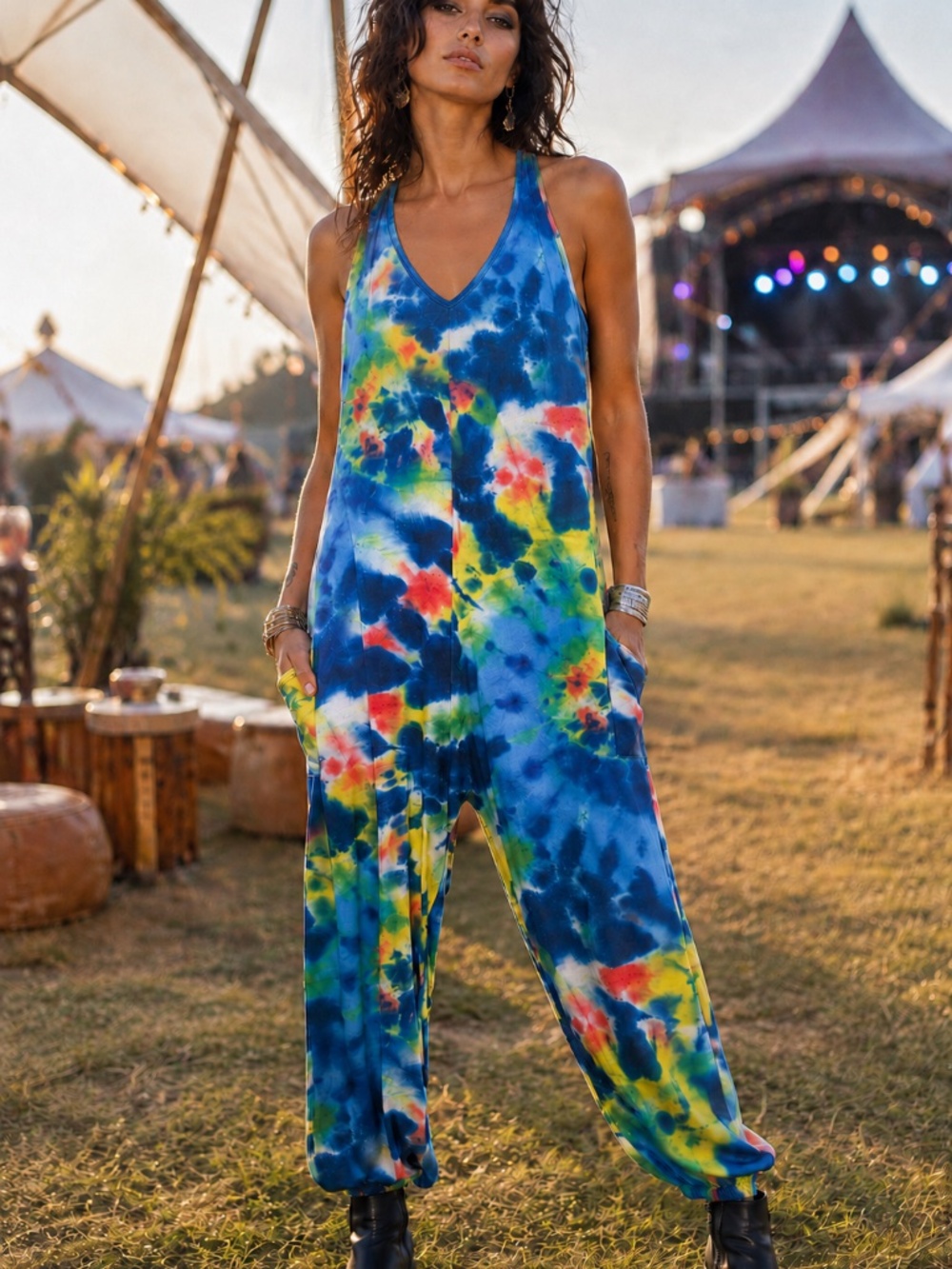 LILY by FIRMIANA Tie Dye Stretch Racerback Romper Pockets Boho Harem Jumpsuit XL